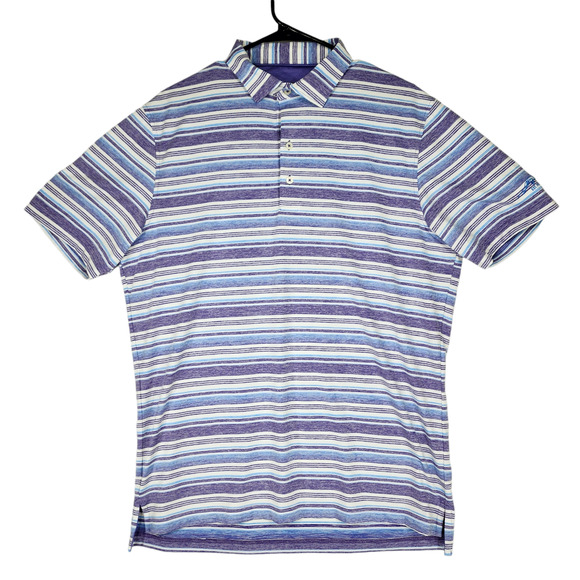 Johnnie O L Men Polo Shirt Short Sleeve Striped Purple White UPF 50 Golf Wicking - Picture 1 of 16